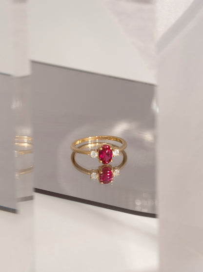 Oval Cut Created Ruby And Lab Grown Diamond Three Stones Ring