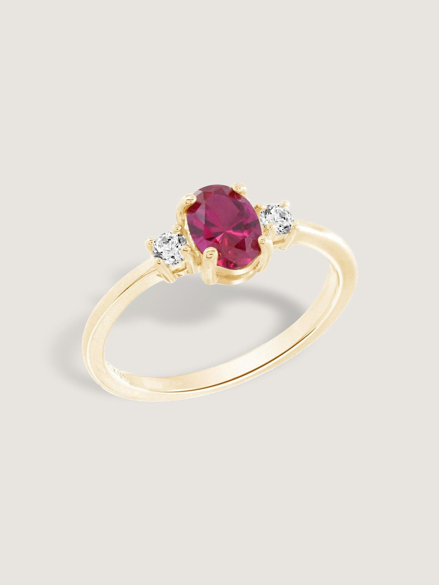 Oval Cut Created Ruby And Lab Grown Diamond Three Stones Ring