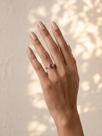 Oval Cut Created Ruby And Lab Grown Diamond Three Stones Ring