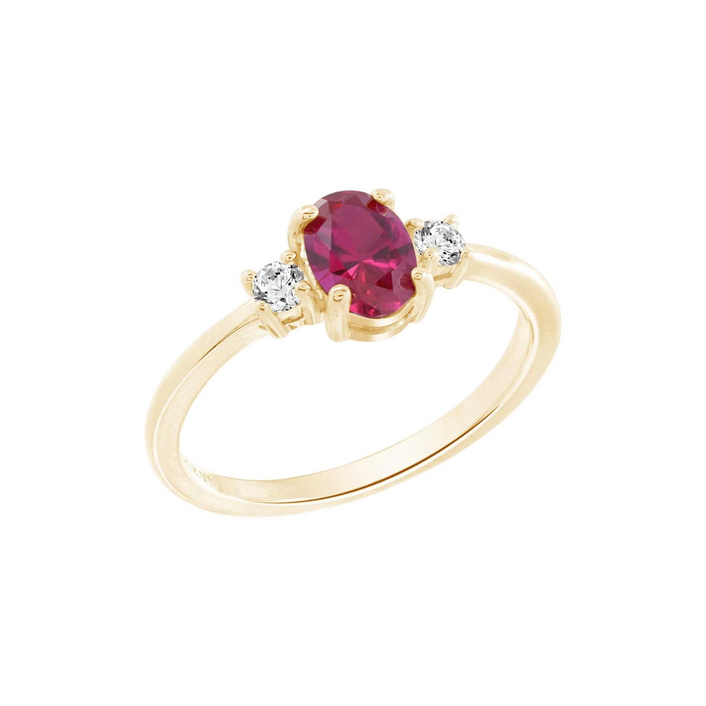 Oval Cut Created Ruby And Lab Grown Diamond Three Stones Ring