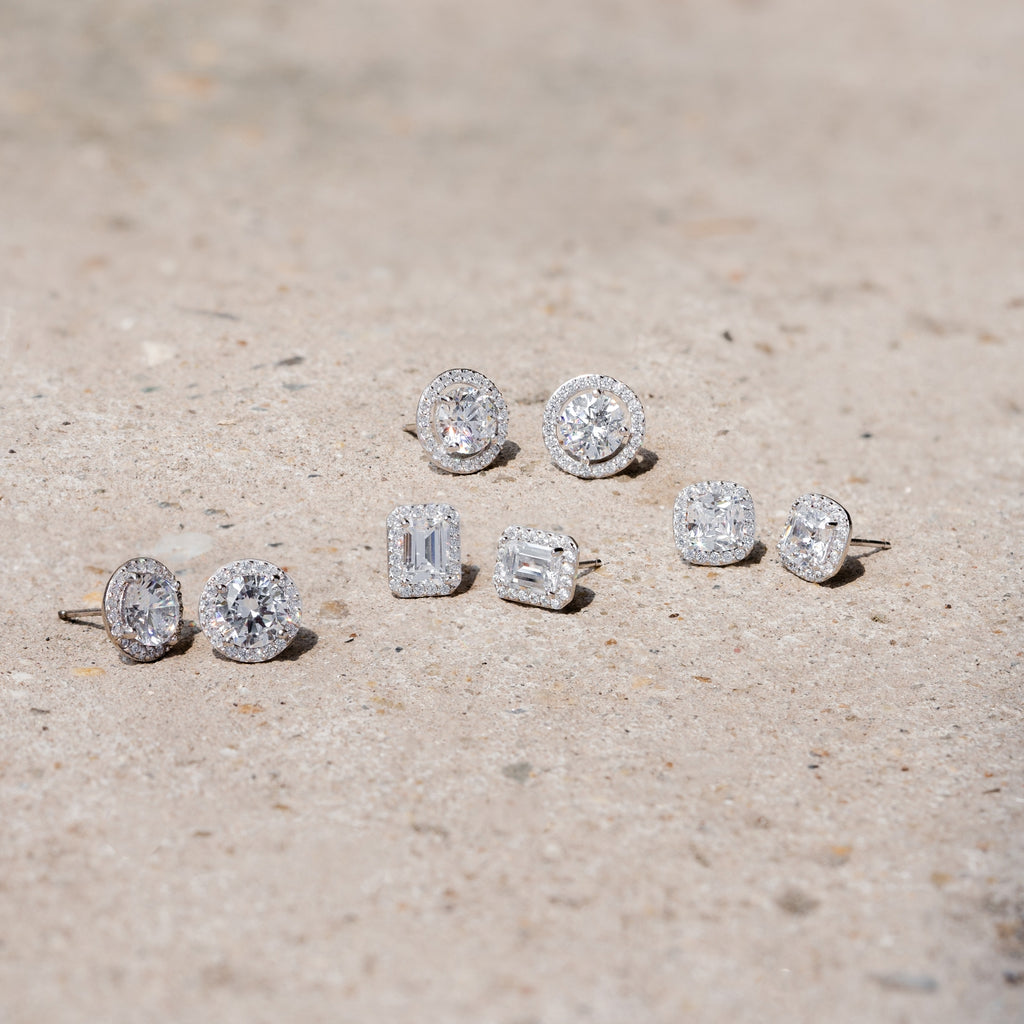 Emerald Cut Halo Stud Earrings