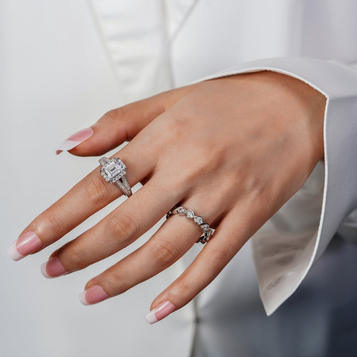 Halo Emerald Cut Split-Shank Ring