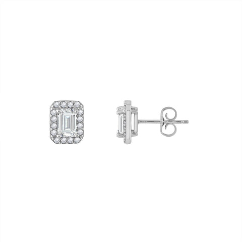 Emerald Cut Halo Stud Earrings