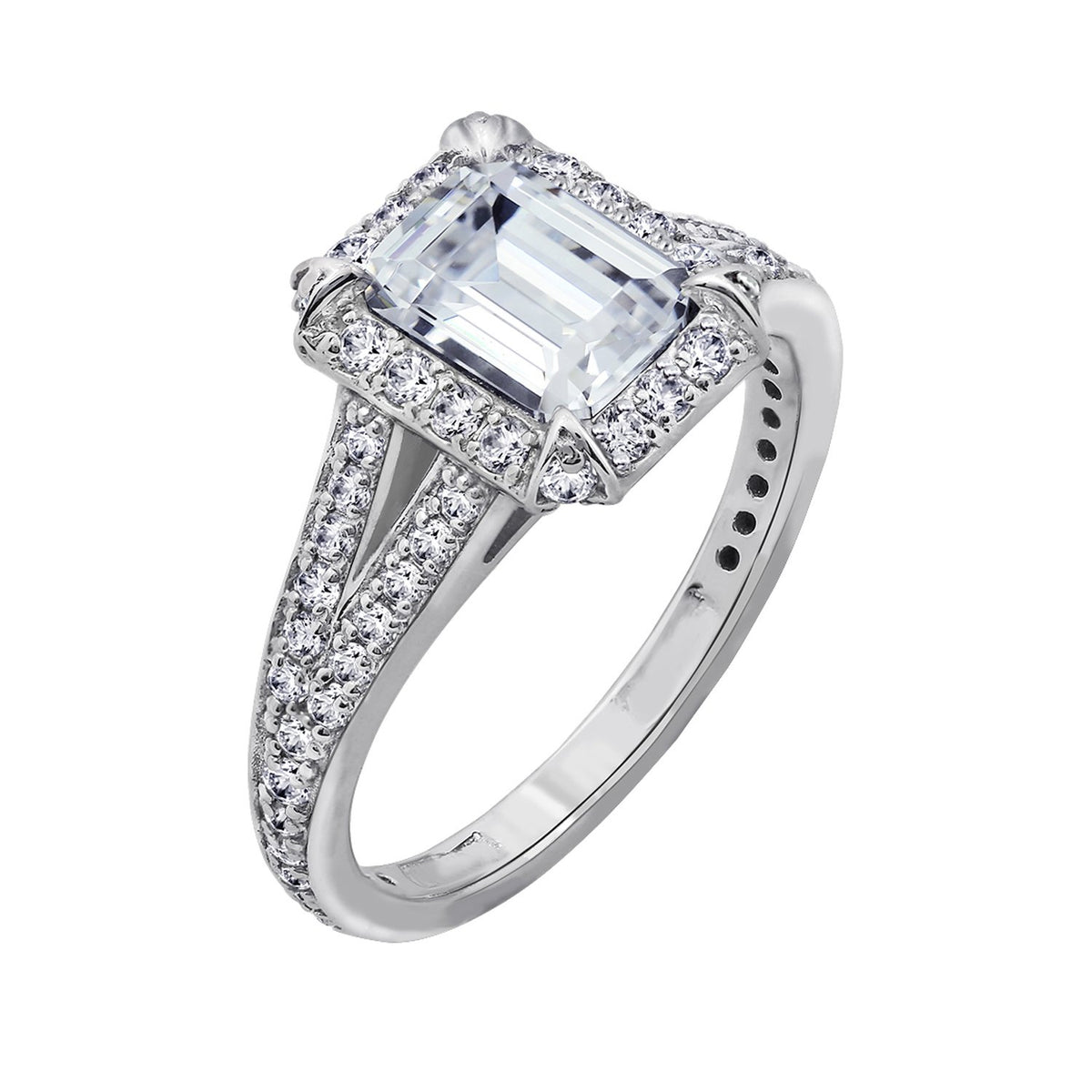 Halo Emerald Cut Split-Shank Ring