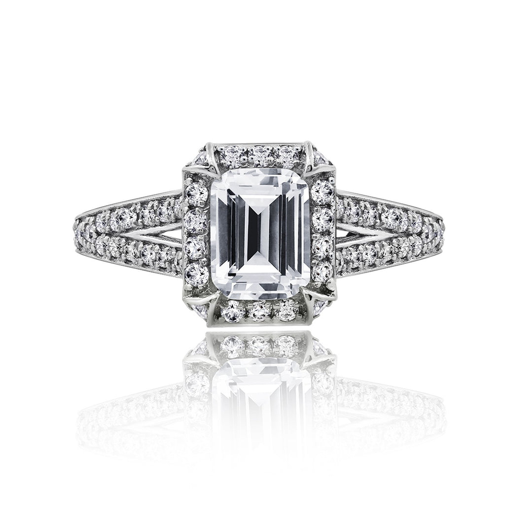Halo Emerald Cut Split-Shank Ring