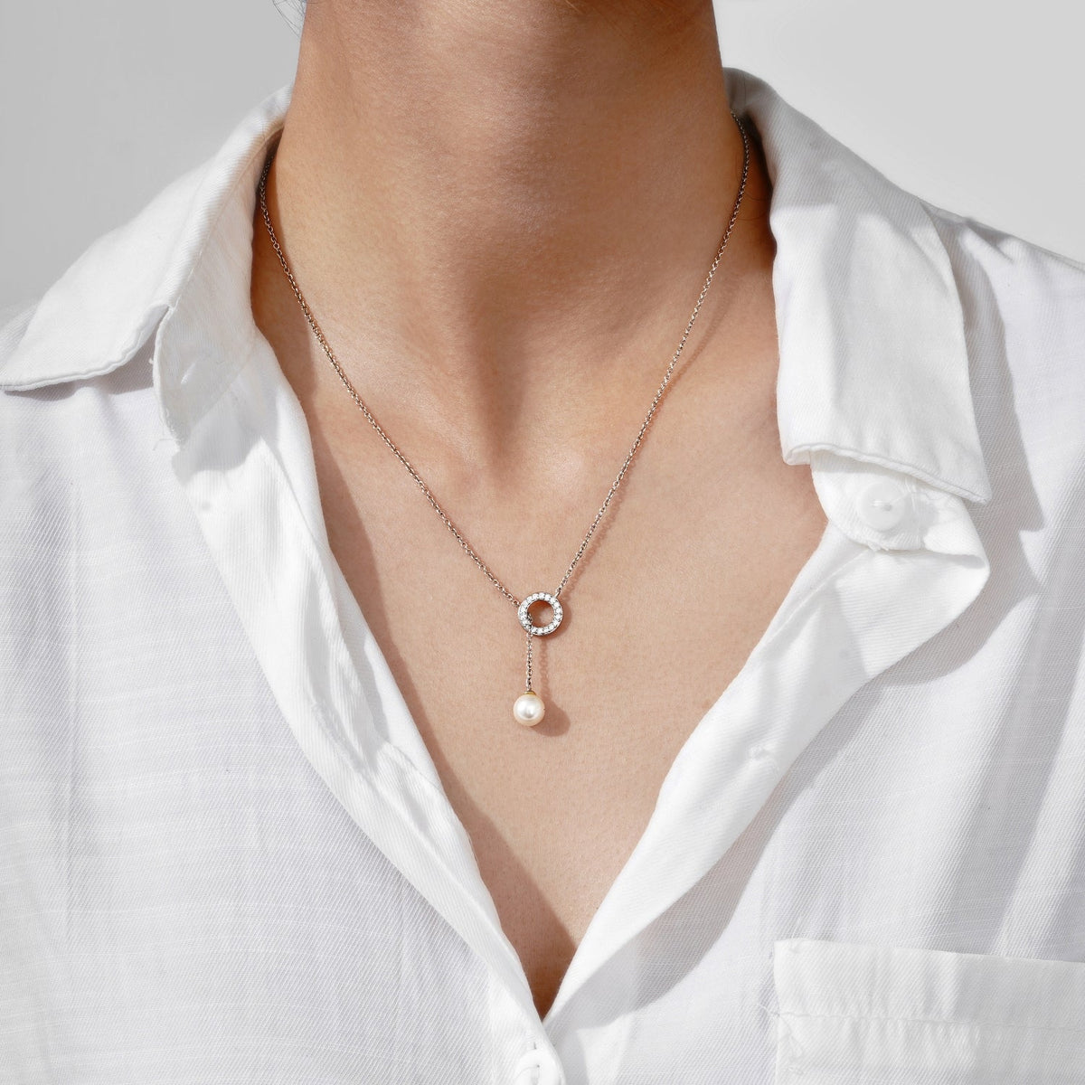 Circle & Drop Pearl Y - shape Necklace
