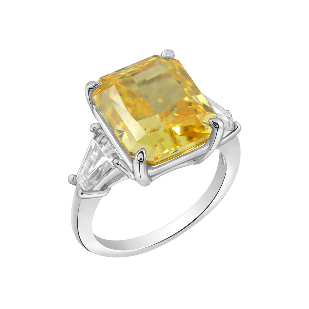 Yellow Emerald and Trapeze Cut Engagement Ring